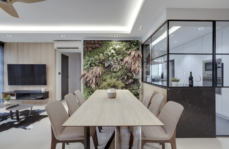 Modern Scandinavian HDB Dining Room with Luxurious Green Wall Decoration