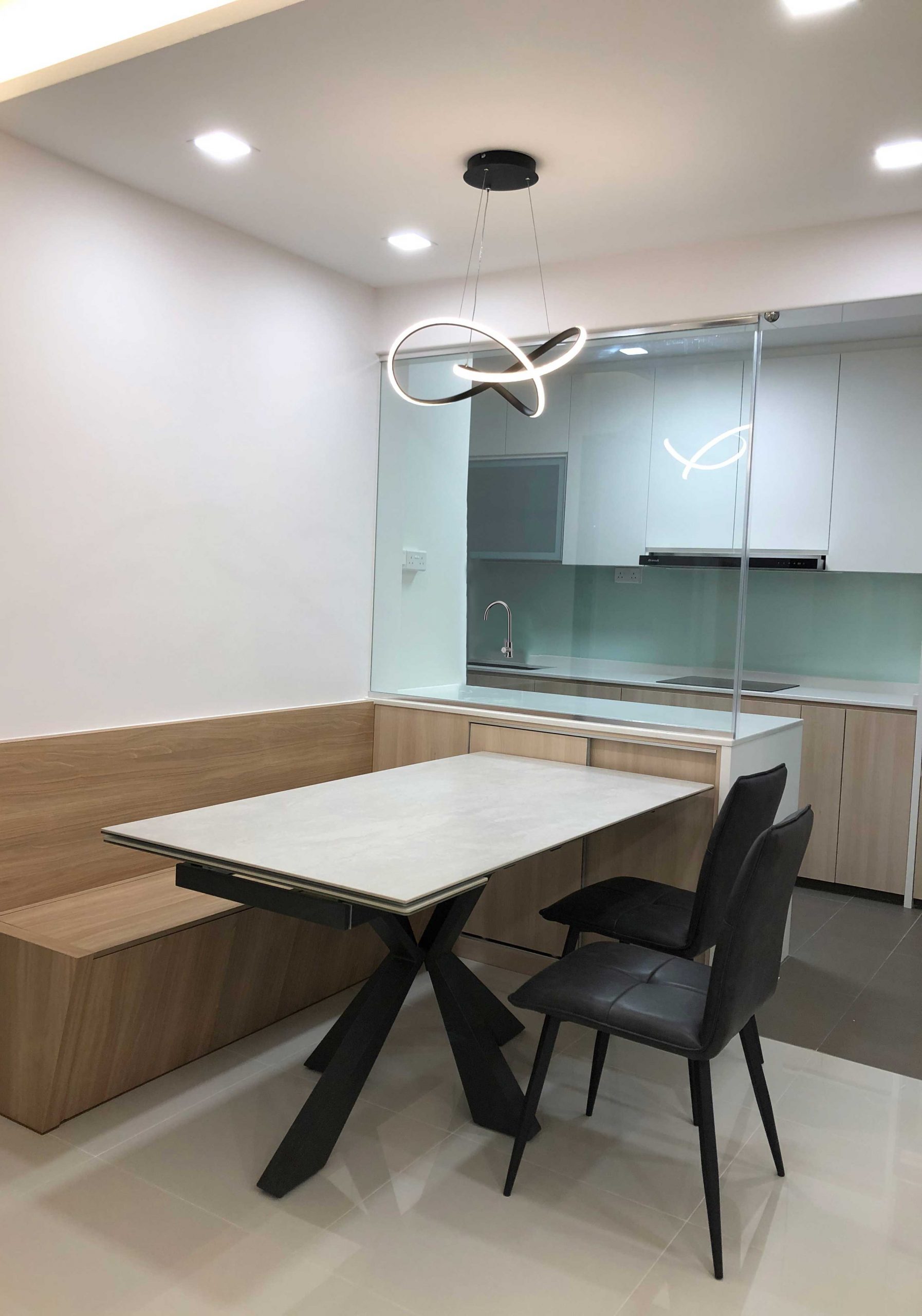 HDB resale design for dining room with built in bench and credenza