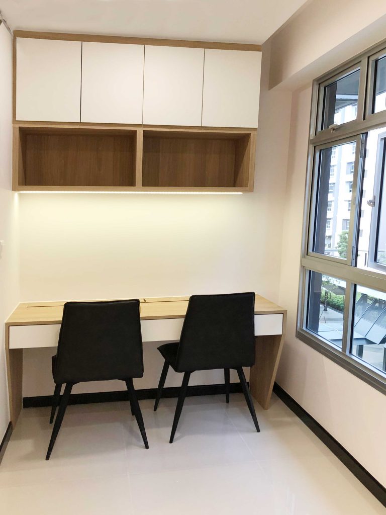 HDB resale design study room scandi white book cabinets open shelving units