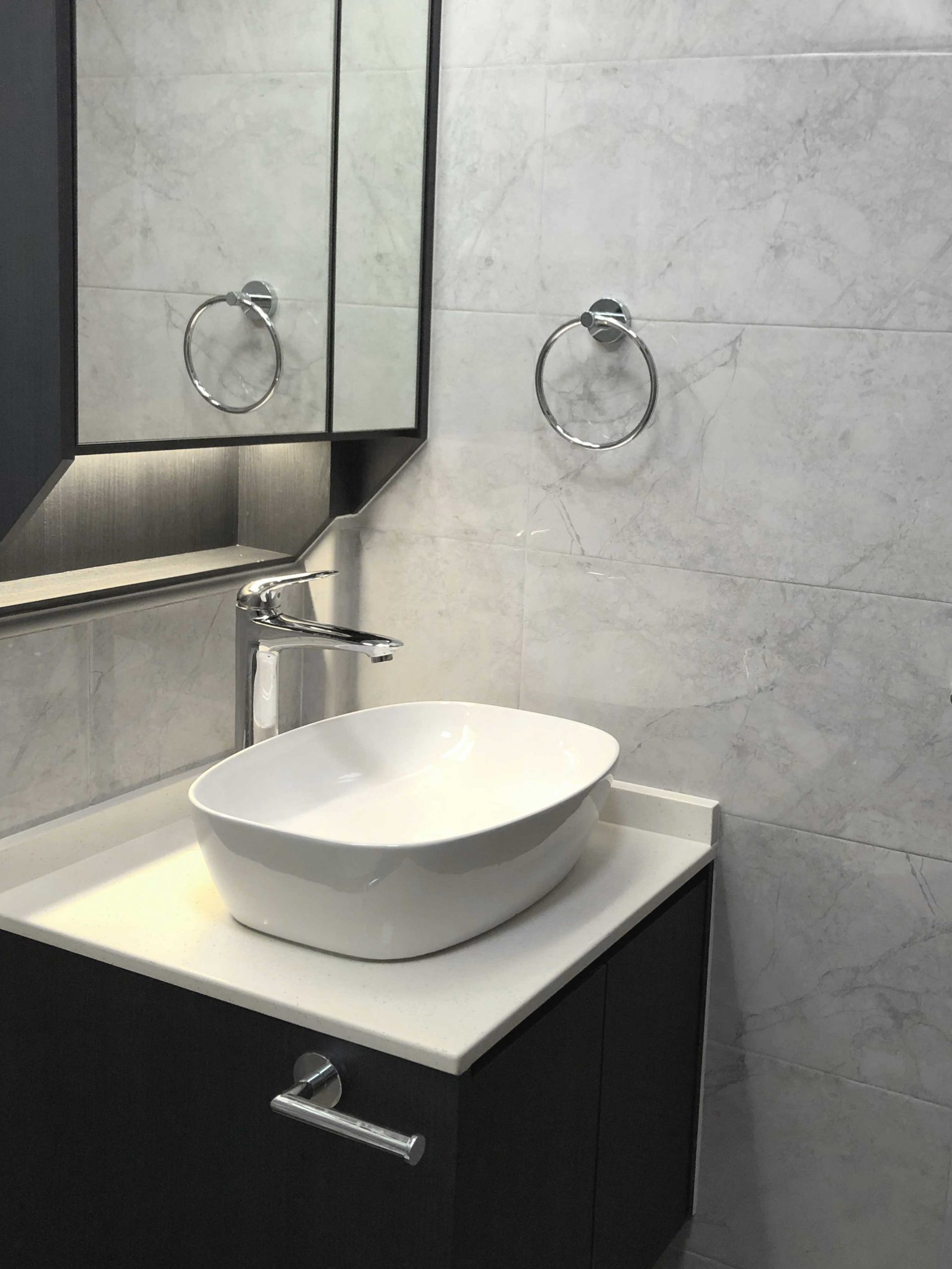 HDB resale toilet design vanity marble counter top monochrome overmount sink