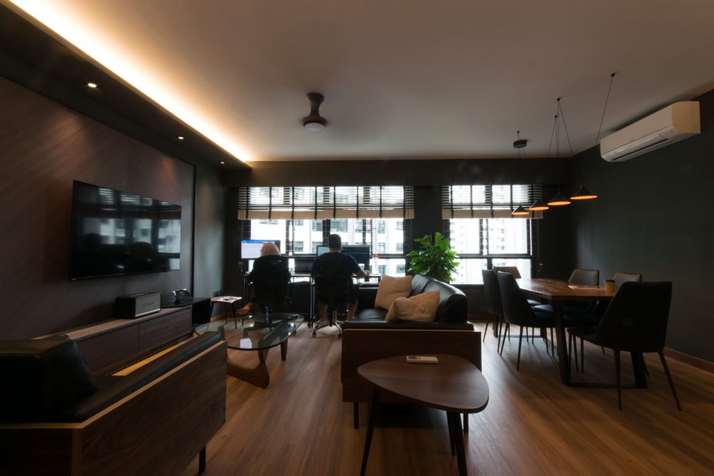 Keat Hong Home Office Space and Living Room for a Dark Modern Interior Design for 5 Room HDB BTO with Cove Lighting