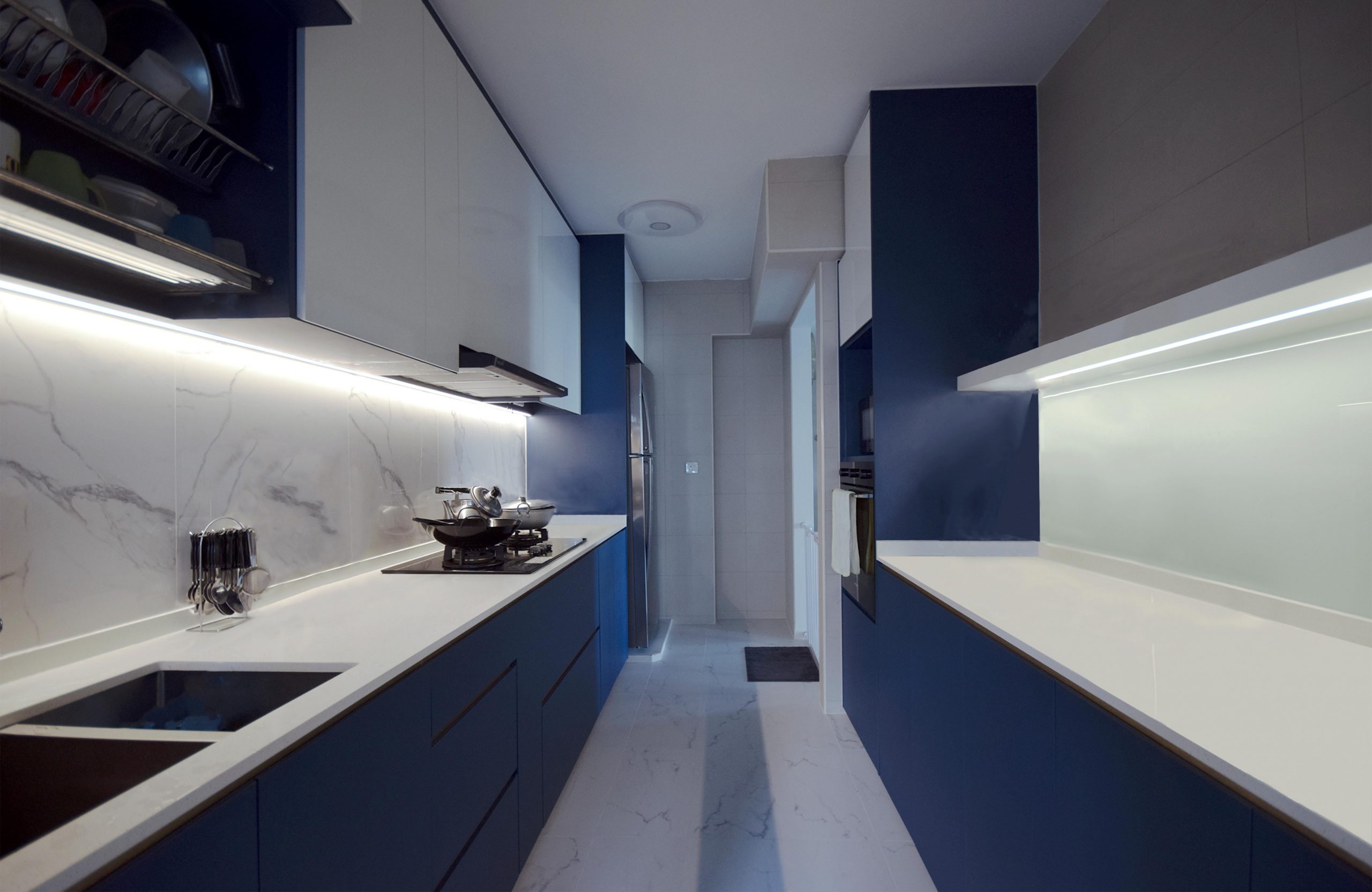 336D Anchorvale Crescent 4 Room HDB Resale Makeover Blue Kitchen with marble backsplash