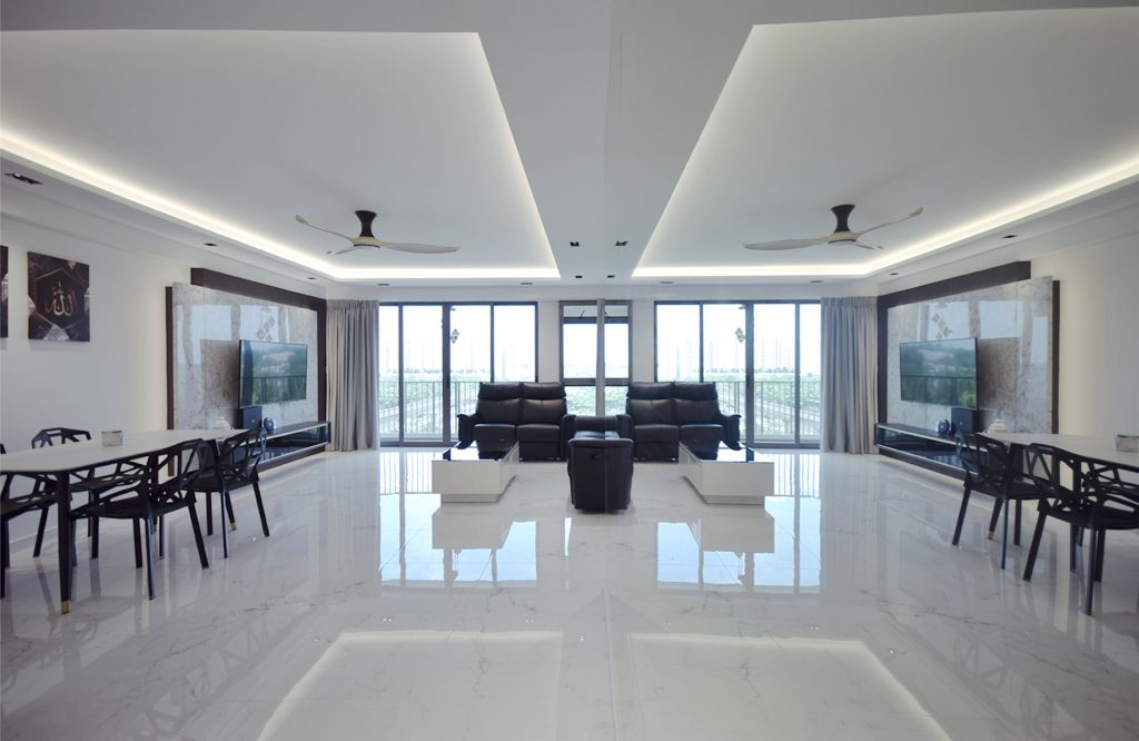 4 room HDB resale makeover all white living room with mirror wall modern luxury interior design