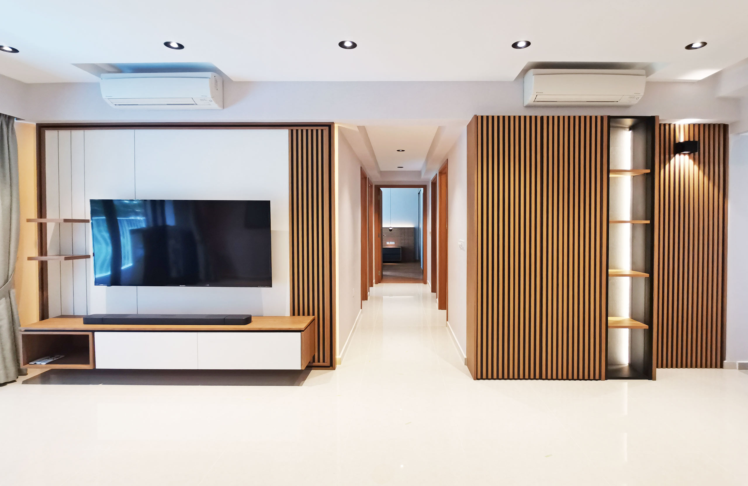 Custom Made TV Feature Wall with Fluted Panelling in Ash Wood and White Laminate Singapore Rivercove Residences EC Peter Su