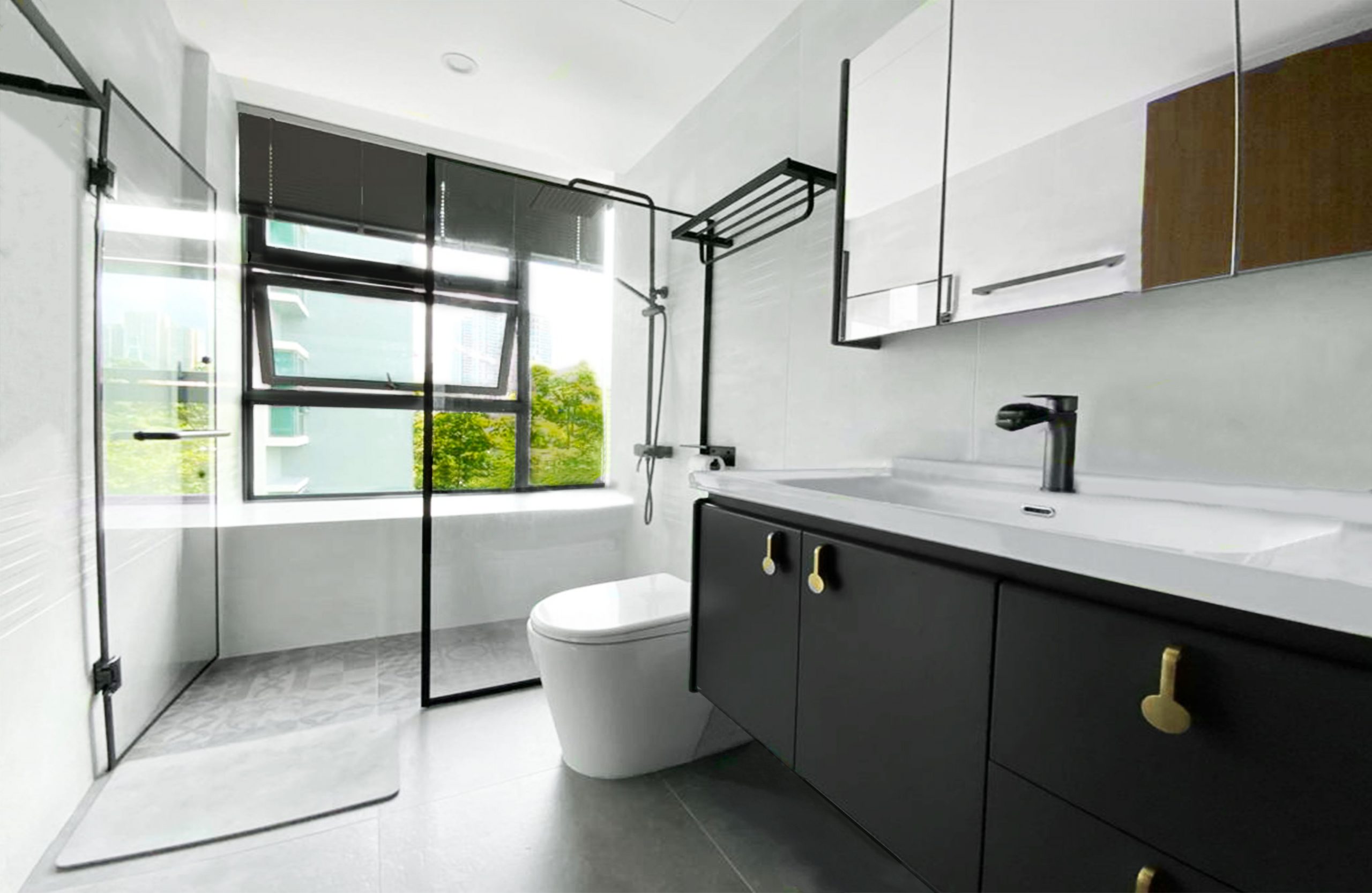 Hundred Trees Condo Black Frame Swing Door Toilet Renovation Modern Contemporary Interior Design with Vanity and Mirror
