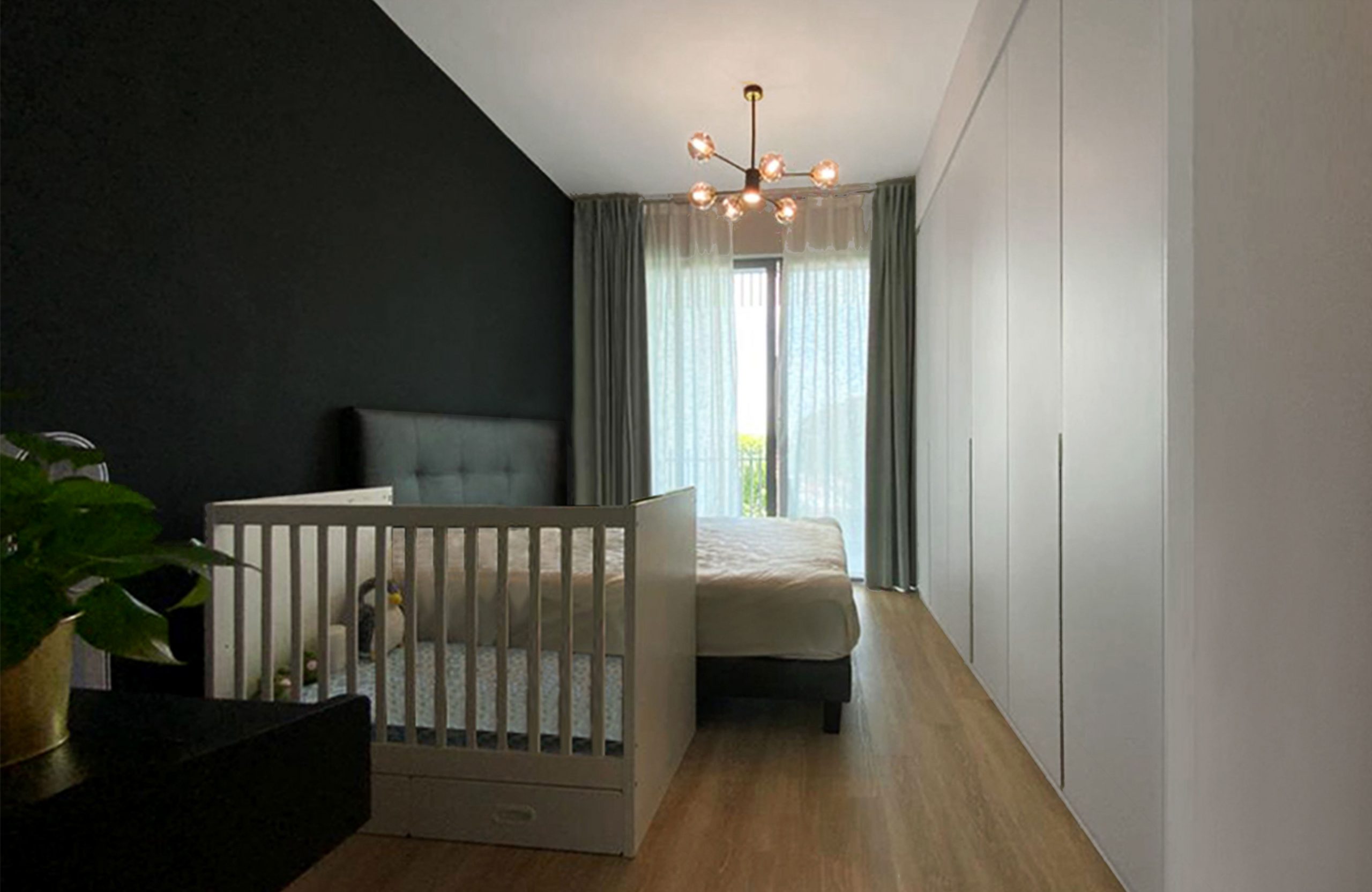 Hundred Trees Condo Master Bedroom Modern Contemporary Interior Design Black Wall with Custom Full Height Wardrobe