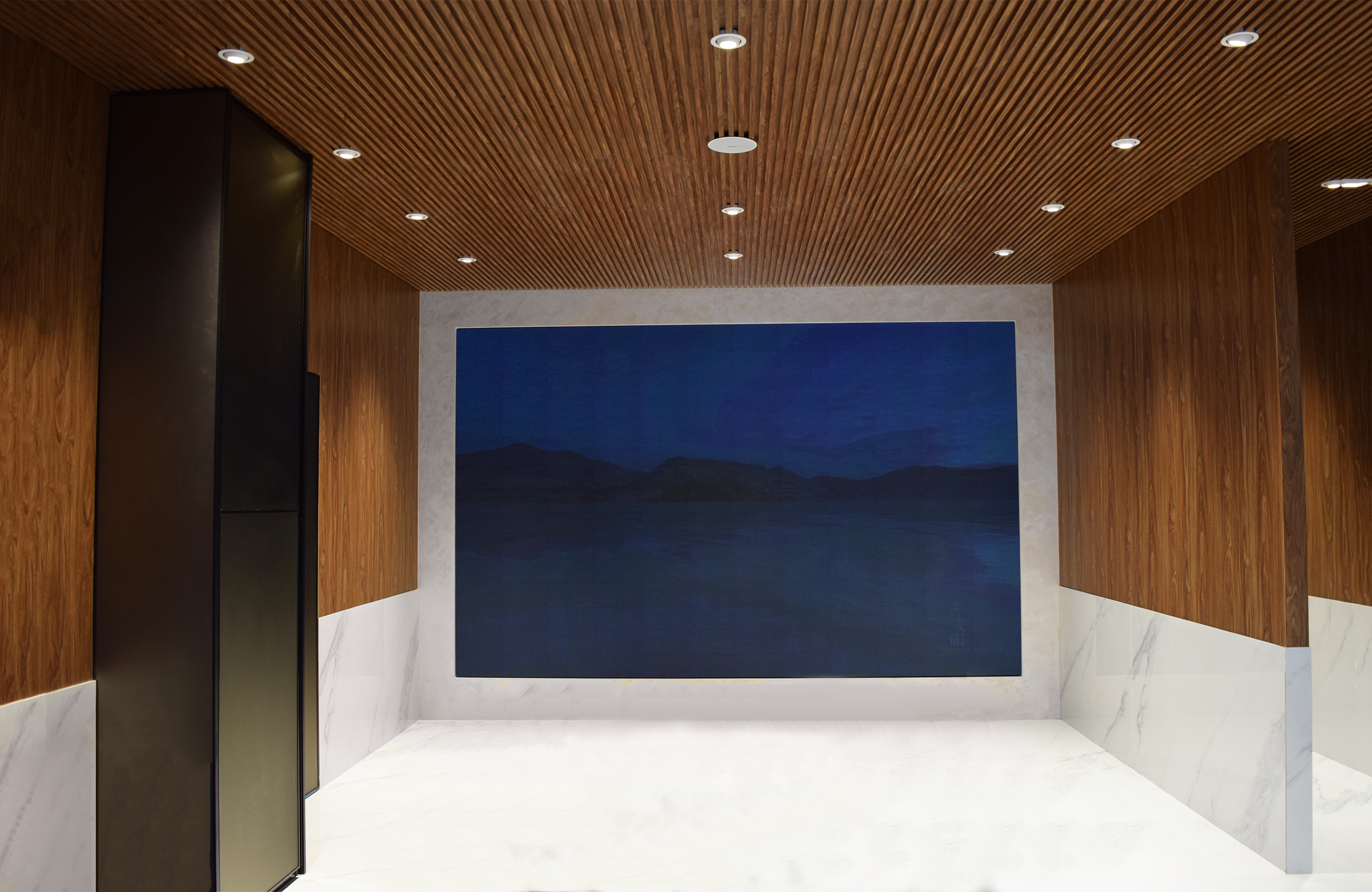 Modern luxury commercial interior design ang yew seng parlour marble wainscotting wooden wall and fluted panel ceiling