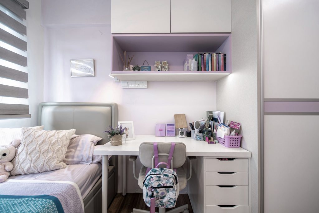 Bishan St 13 HDB resale girl bedroom in purple with custom study desk