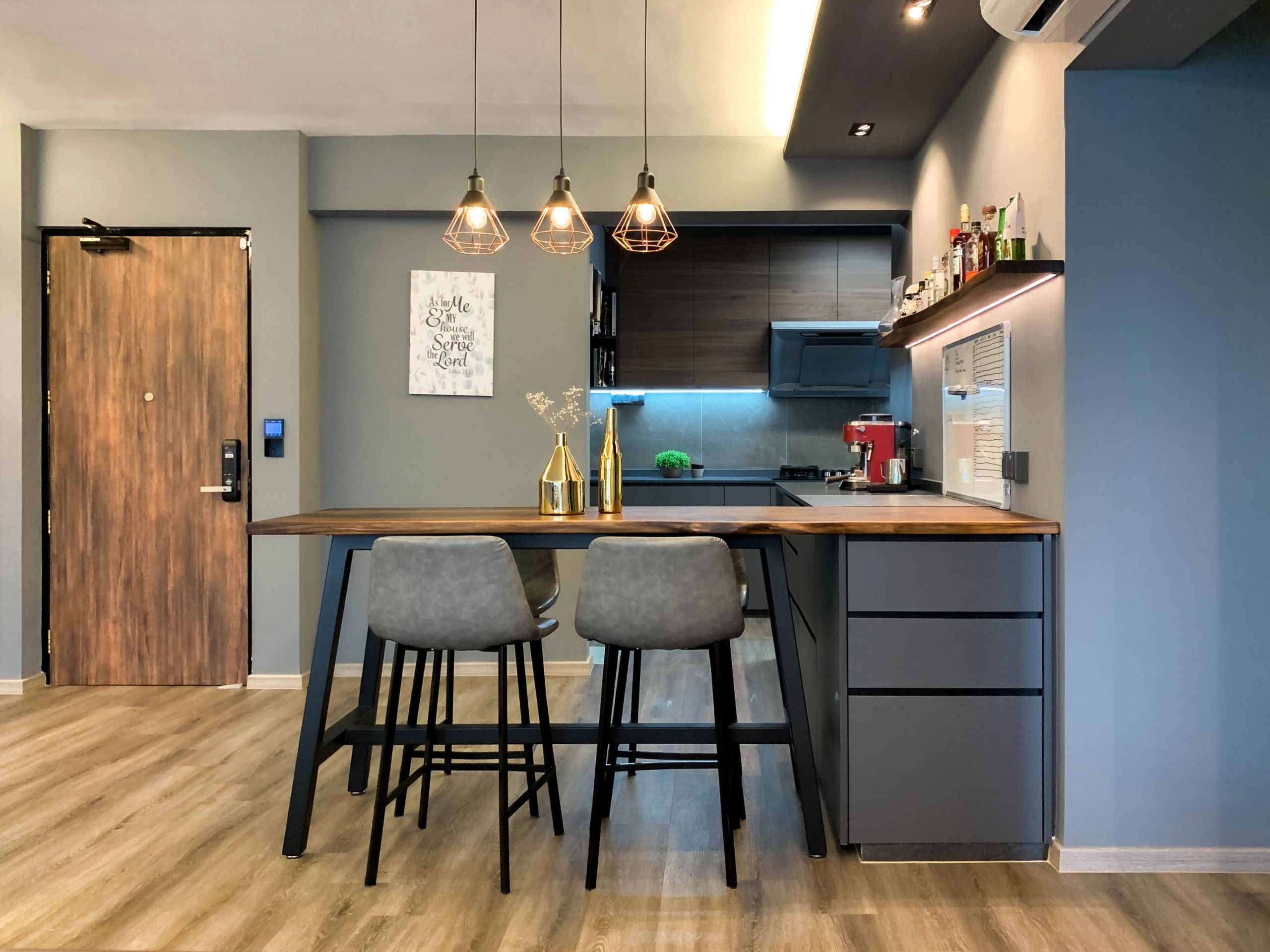 Custom-Built-Carpentry-for-Bar-Counter-and-Dining-Table-Island-for-5-room-HDB Resale at Punggol Topaz in Dark Modern Theme