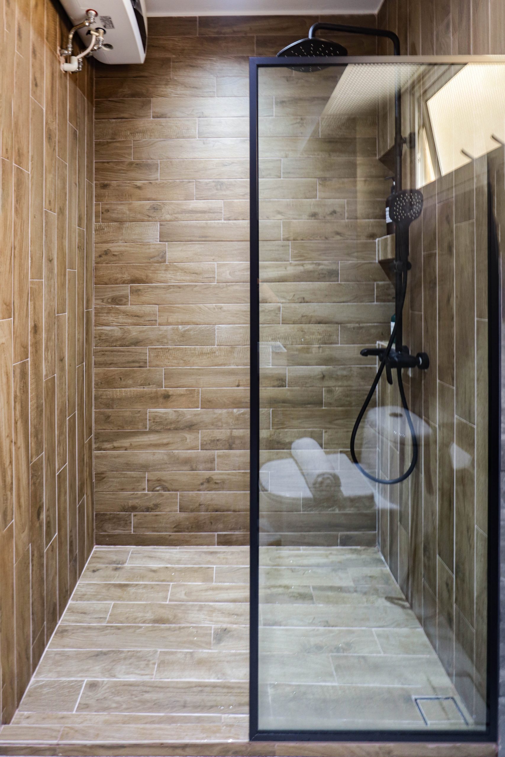 Wood effect tiles semi open shower design for HDB BTO