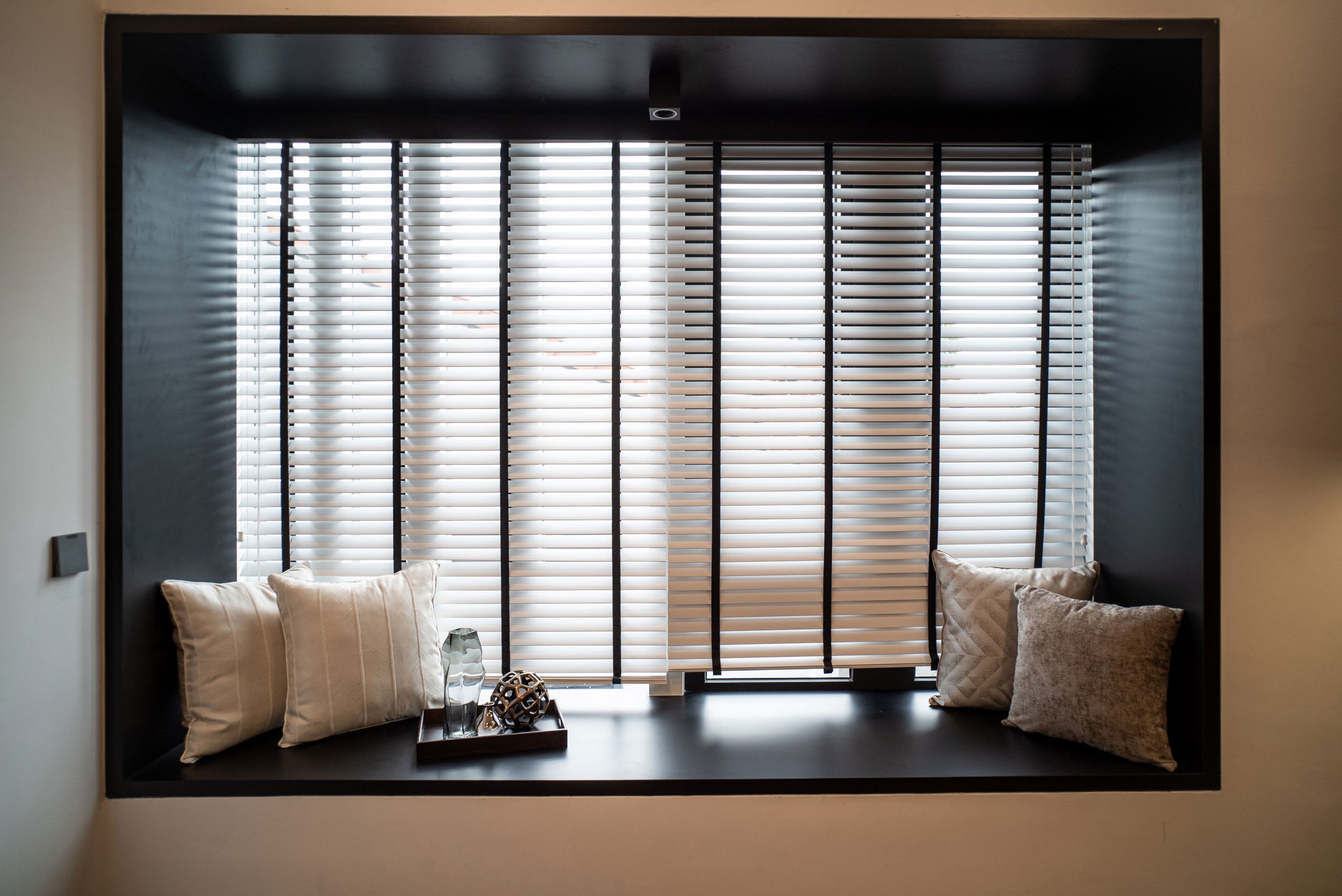 Bay window design for modern luxury interior of landed property with vertical shutter blinds