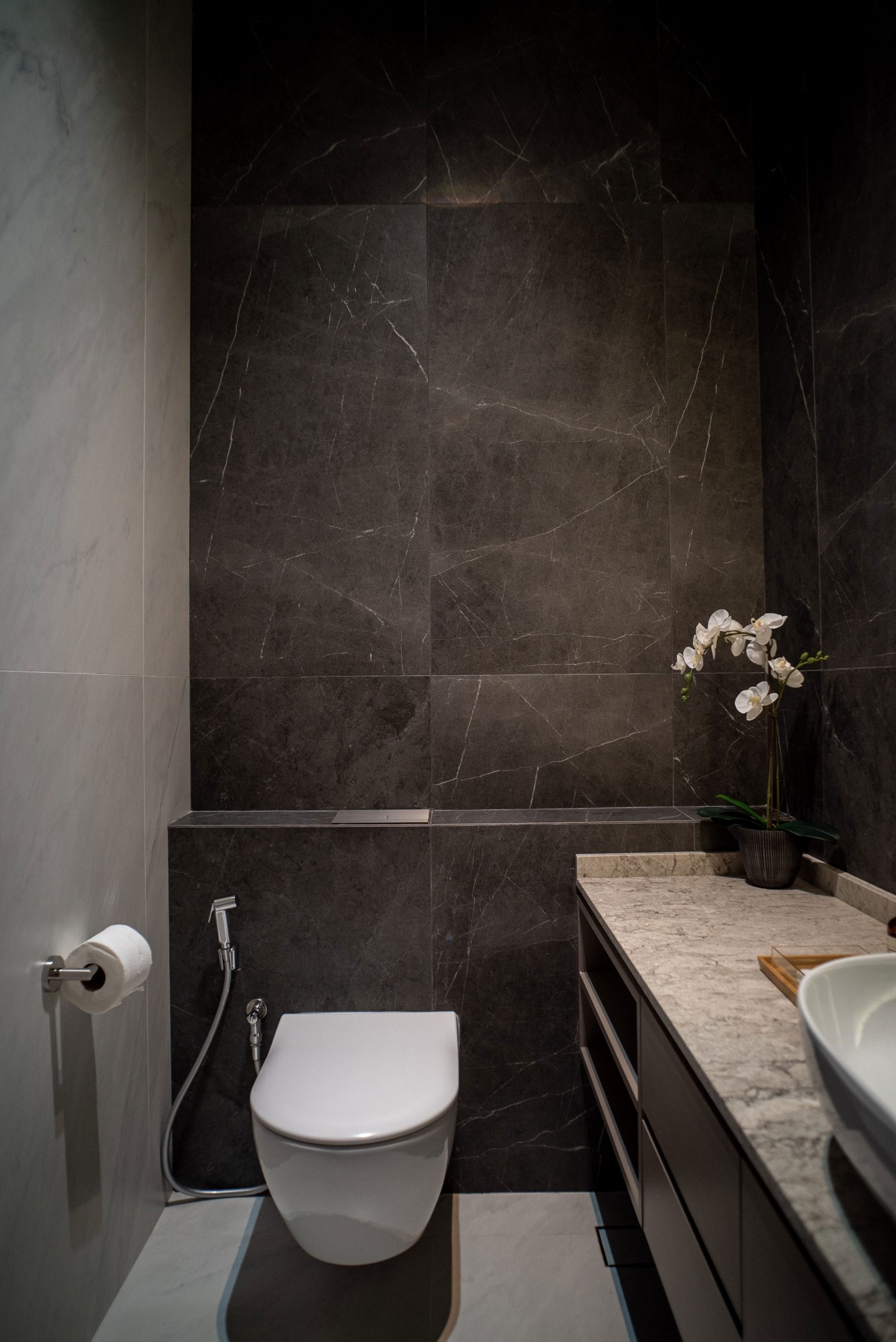Minotti inspired home interior design dark modern luxury marble toilet singapore