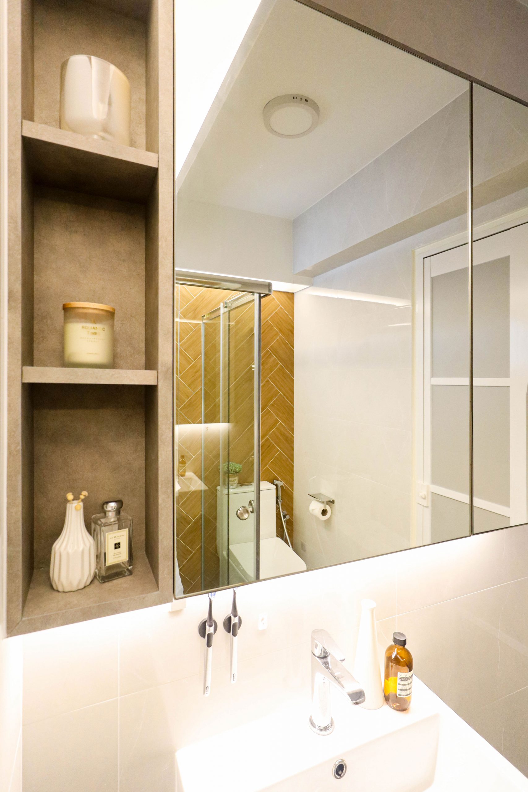 4 room HDB resale bathroom renovation muji style wood tile bathroom vanity