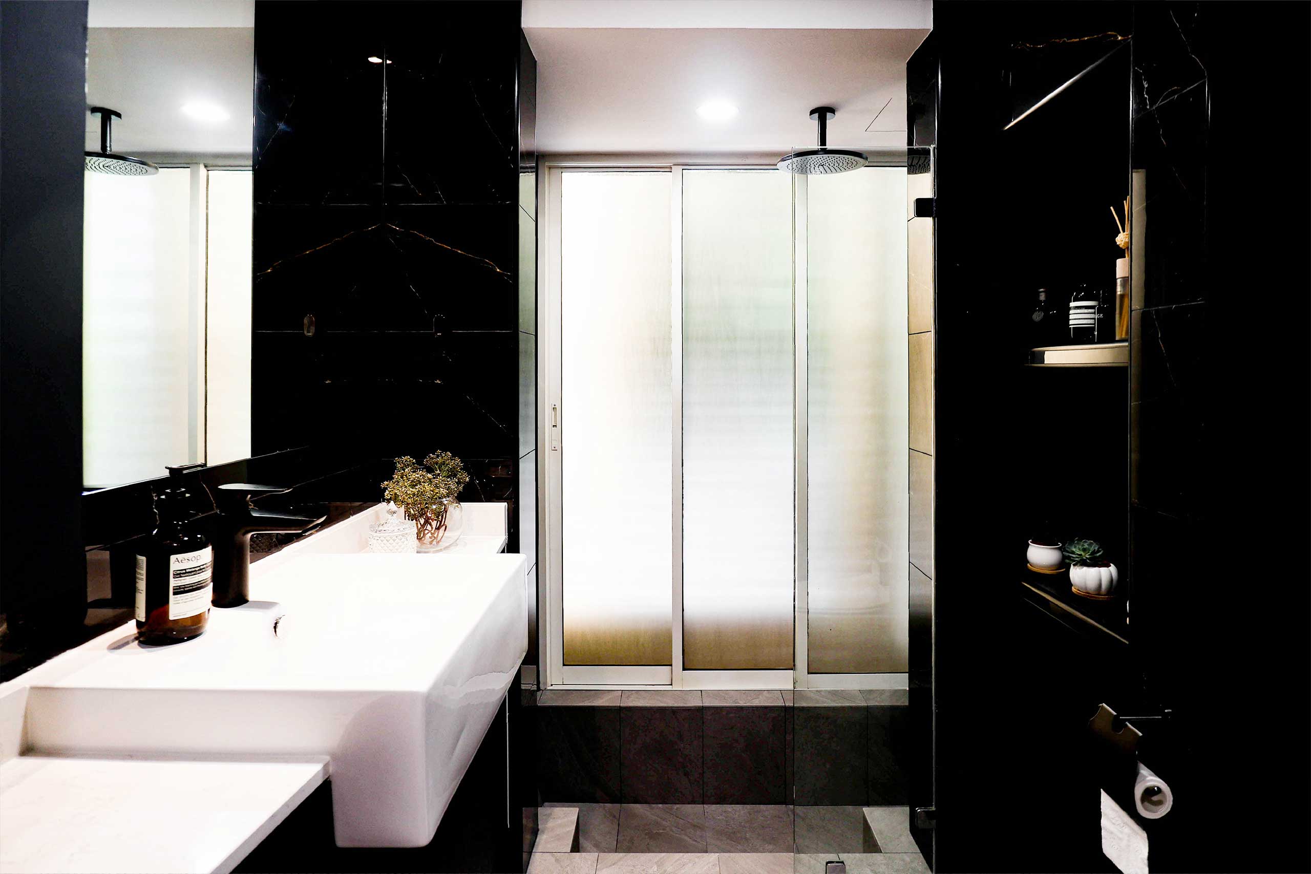 Dark modern master bedroom bathroom interior design HDB Resale renovation Simei Rise