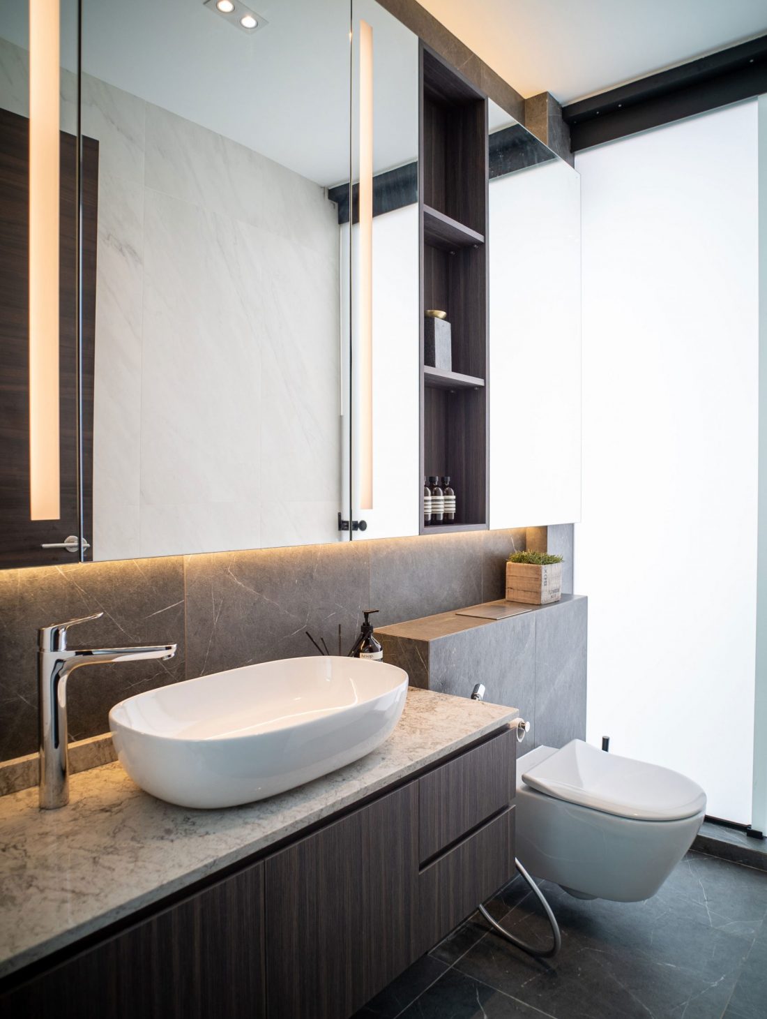 Modern Luxury toilet interior design in marble with mirror vanity